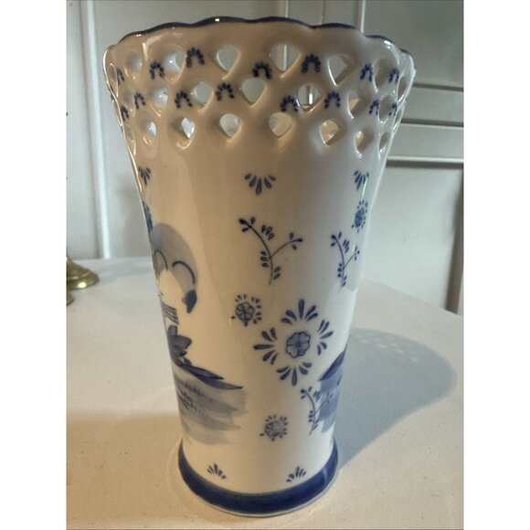 Vintage Delftware Royal Twickel Holland Blue White Pierced Windmill 6" Vase - Picture 2 of 7